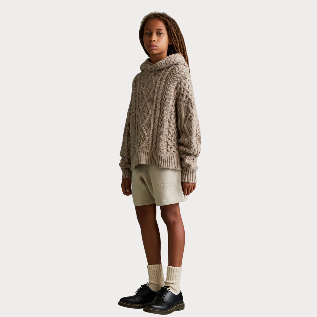 Kids Fear of God Essentials Core Gold Heather Cable Knit Hoodie Kids Size 6/7
